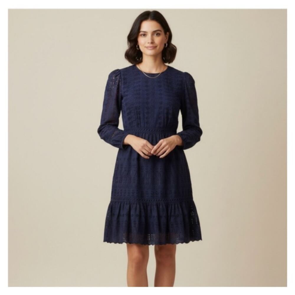 J.Crew Navy Blue Eyelet Lace Flutter Hem Dress Cotton Boho Chic Mini Romantic 10